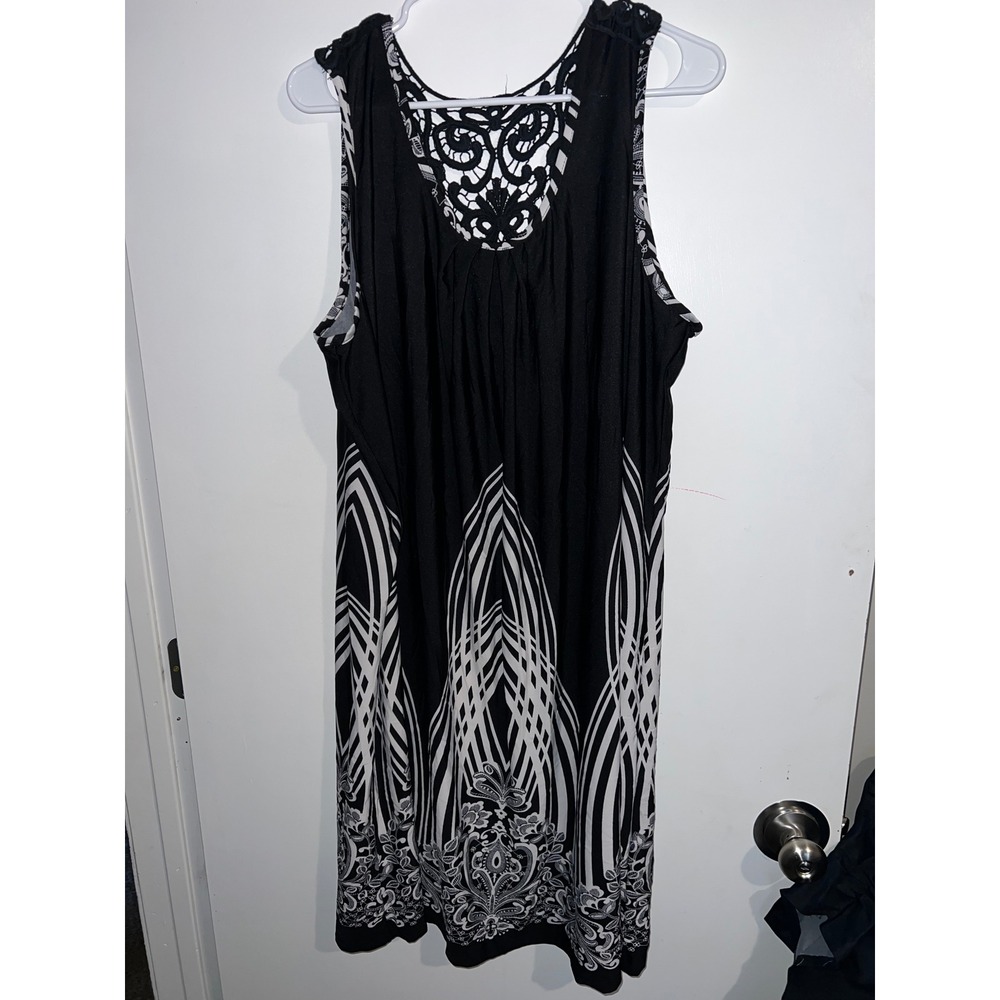 Notations Woman Black White Geometric Paisley Lace Back Sleeveless Dress 2X